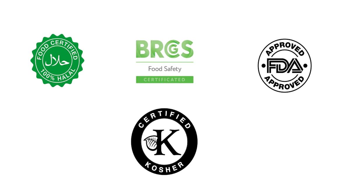 Fournisseur Carmin E120 : labels de qualité et certifications de conformité alimentaire, notamment Halal, BRCGS, FDA et Kosher. Garantie du respect des normes internationales.