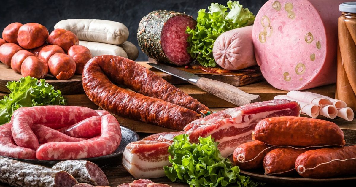 A rich assortment of cured meats, fresh sausages, bacon, and salami arranged on a rustic wooden table, offered by a Carmine Meat Processing Supplier.