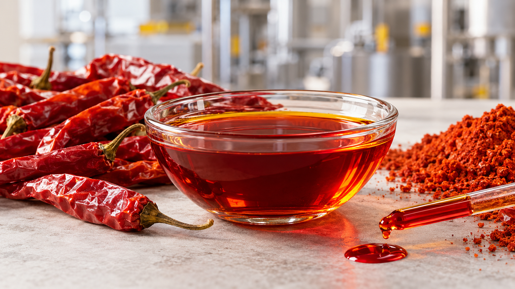 Extrato de oleorresina de Capsicum com pimentas vermelhas secas e pimenta em pó.